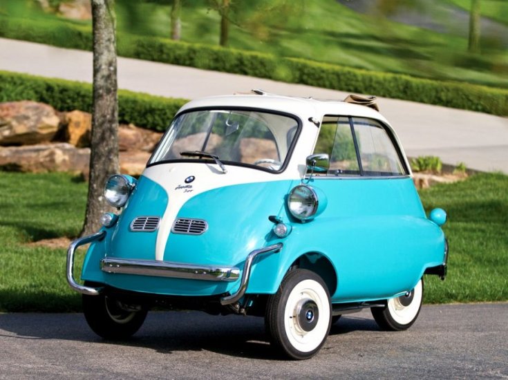 BMW Isetta, fehér-türkíz, elölnézet, oldalnézet, balról
