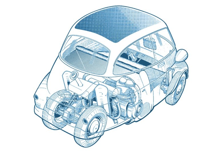 BMW Isetta, kék röntgenrajz, hátulnézet, oldalnézet, jobbról