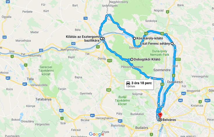 A Budai hegység és a Dunakanyar autós útvonala komp nélkül