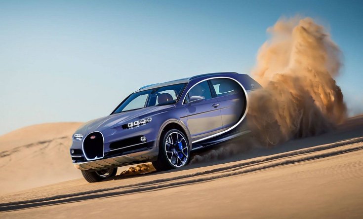 Bugatti szabadidő-autó elölről számítógépes grafika