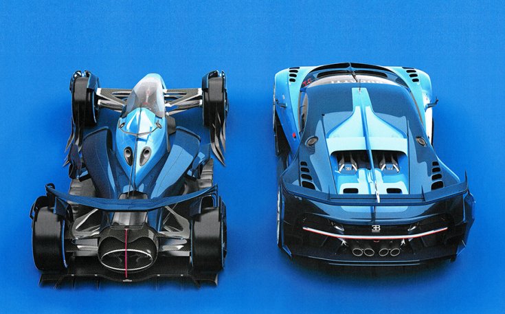 A Bugatti Vision Gran Turismo és az utód felülről egymás mellett