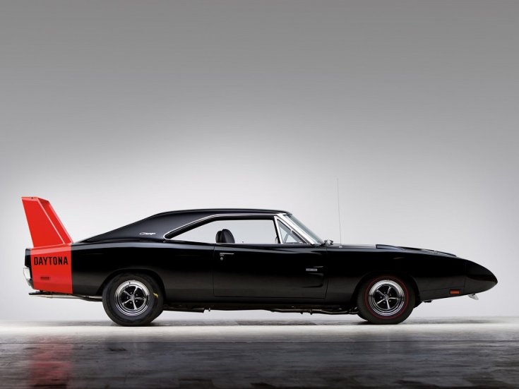 1969 dodge Charger Daytona, fekete, oldalnézet, jobbról