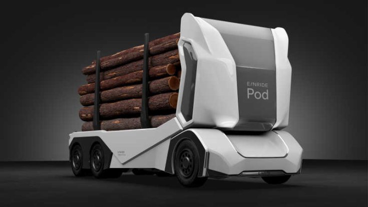 Einride Pod önvezető elektromos kamion fa szállító kivitelben, féloldalról