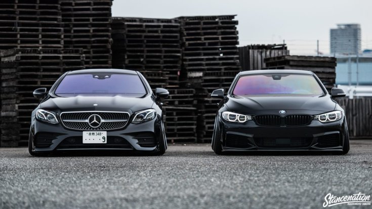 BMW 4 Coupé és egy Mercedes-Benz E-Osztály stance autó szemből