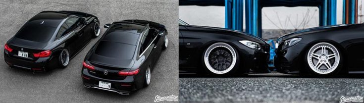 BMW 4 Coupé és egy Mercedes-Benz E-Osztály stance autó fentről és egymással szemben