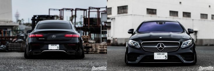 Mercedes-Benz E-Osztály stance autó szemből és hátulról egy gyártelepen fekete színben