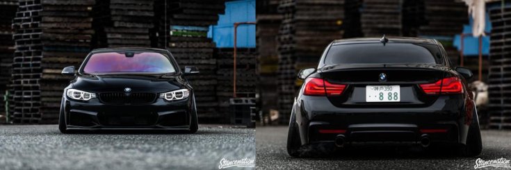 BMW 435i stance szemből és hátulról egy telepen, fekete színben