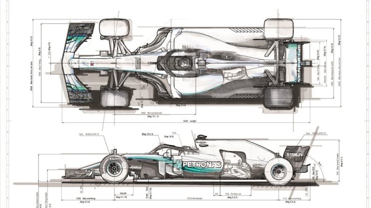 Mercedes F1-es autójának tervrajza felülről és oldalról