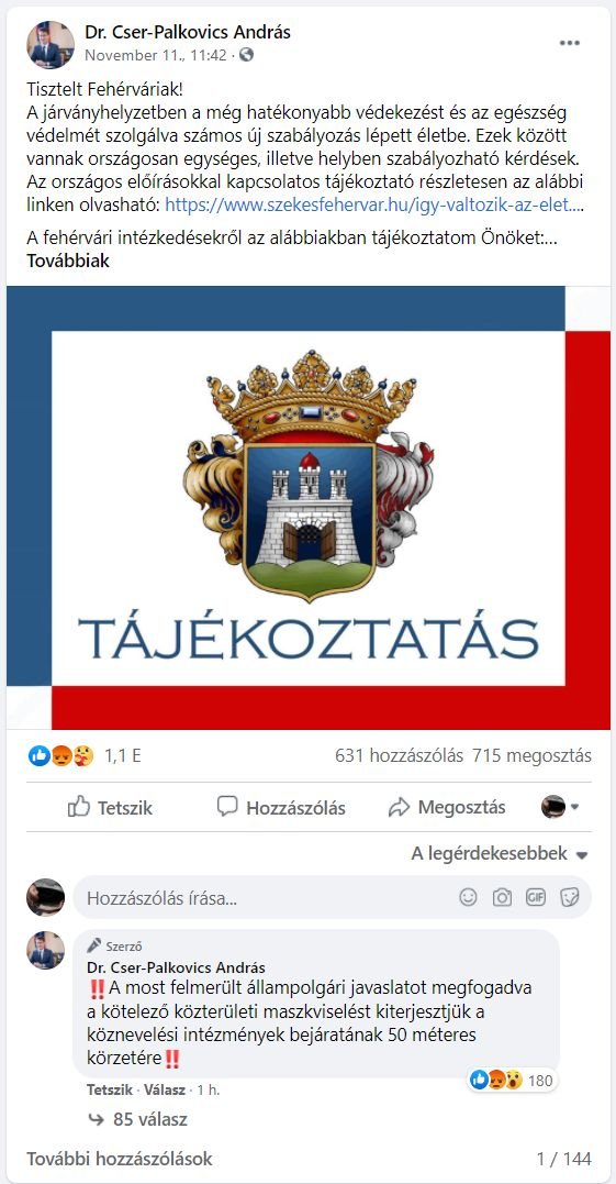 Dr. Cser-Palkovics András Facebook posztja