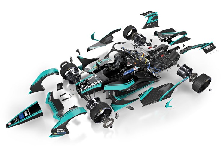 Formula-E versenyautó darabokra szedve