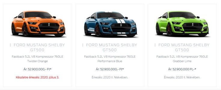 Ford Mustang Shelby GT500 magyarországi színek