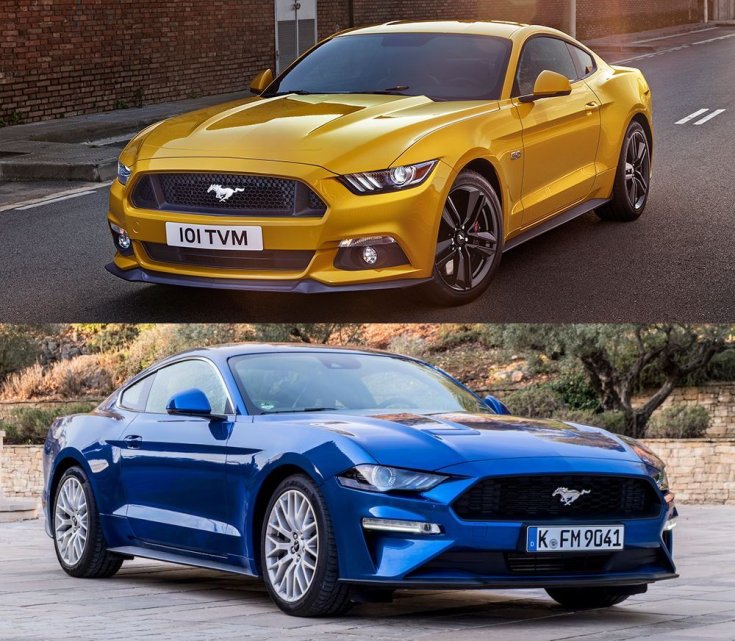 régi és ráncfelvarrott Ford Mustang