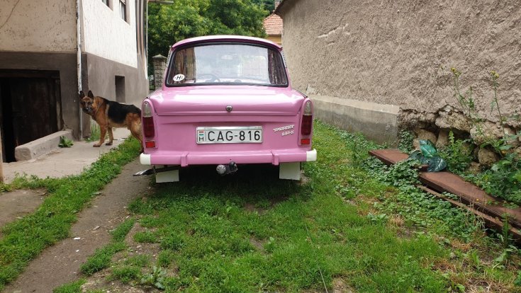 A rózsaszín Trabant hátulról