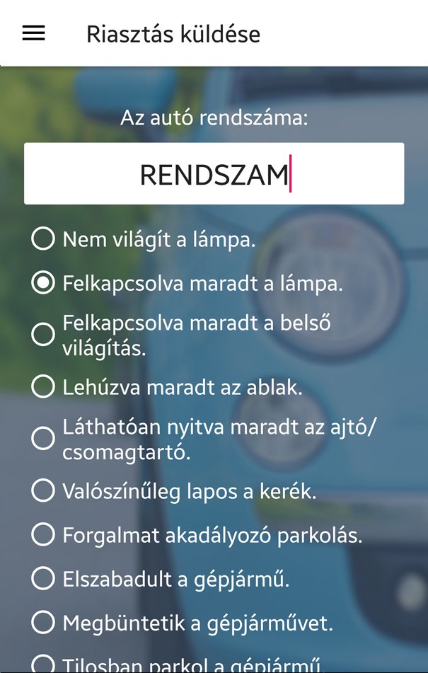 Autóőrszem applikáció riasztást küldő felülete