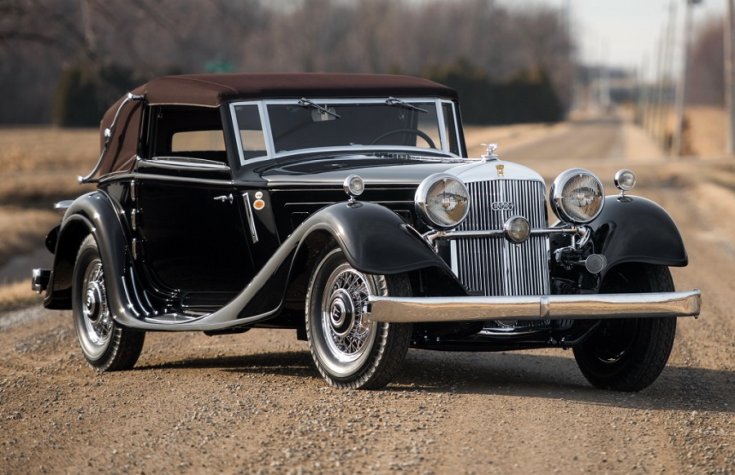 1931 Horch V12, 670 Sportkabrió, fekete, elölnézet, oldalnézet, jobbról, ráközelítve