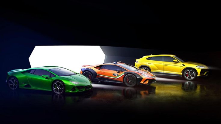 A Huracán Evo, a Lamborghini Huracán 'Sterrato' és a Lamborghini Urus egymás mellett