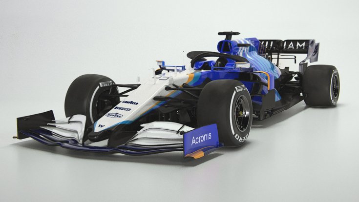 A Williams 2021-es autója oldalról, szemből
