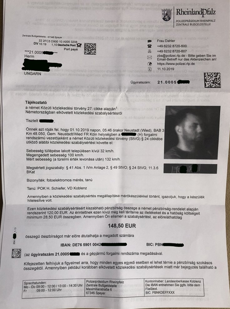 A németországi gyorshajtási dokumentum első oldala