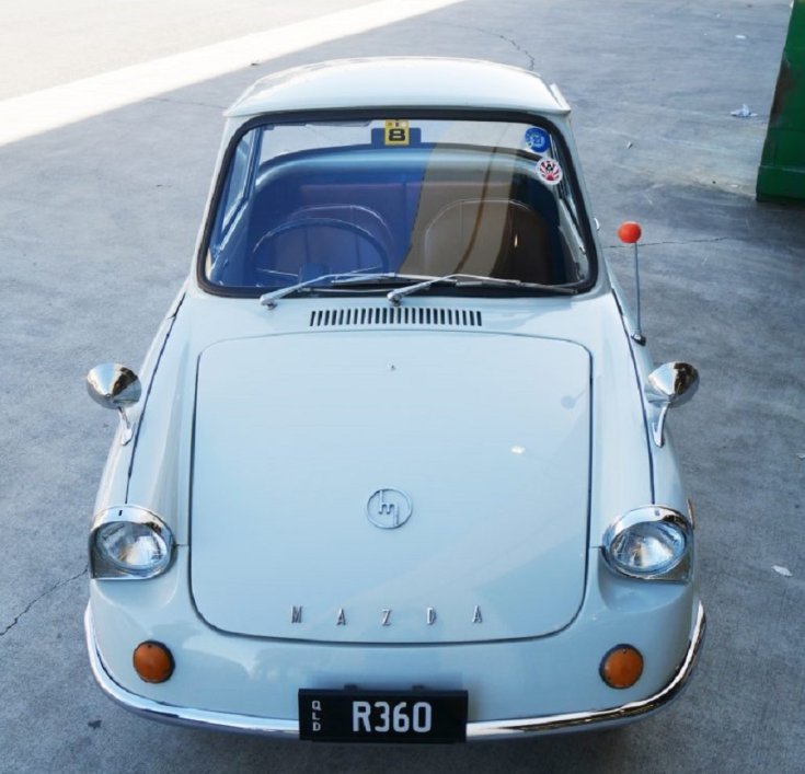 1960 1966 Mazda R360, babakék, elölnézet, fentről, japán mikroautó, kei car, veterán, retrovasak, alapjárat