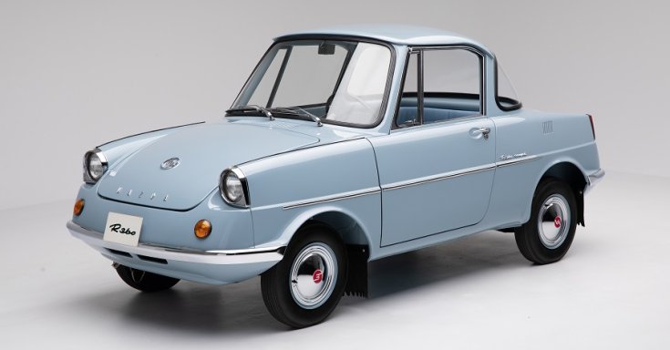 1960 Mazda R360, baba kék, elölnézet, oldalnézet, balról