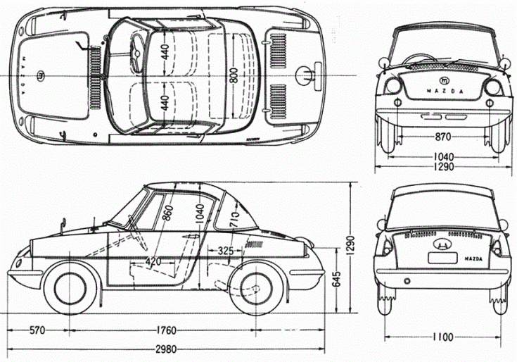1960 1966 Mazda R360, metszet, japán mikroautó, kei car, veterán, felülnézet, oldalnézet, elölnézet, hátulnézet, retrovasak, alapjárat