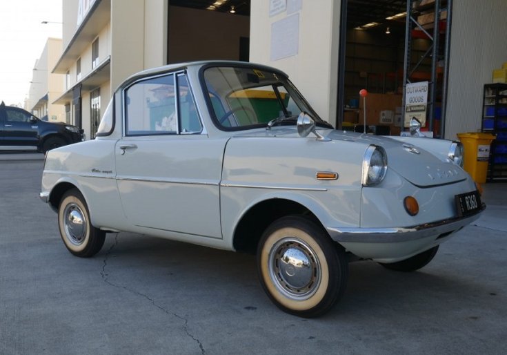 1960 1966 Mazda R360, babakék, oldalnézet, jobbról, japán mikroautó, kei car, veterán, retrovasak, alapjárat