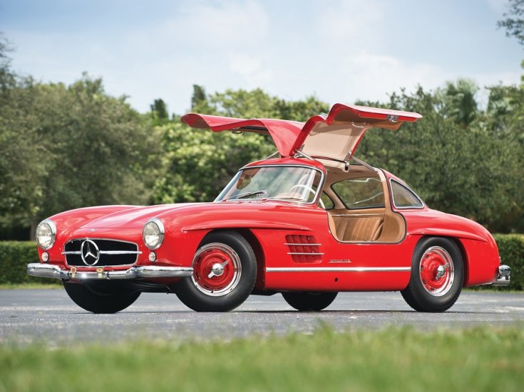 Mercedes-Benz 300 SL, sirályszárnyas, vörös, elölnézet, oldalnézet, balról