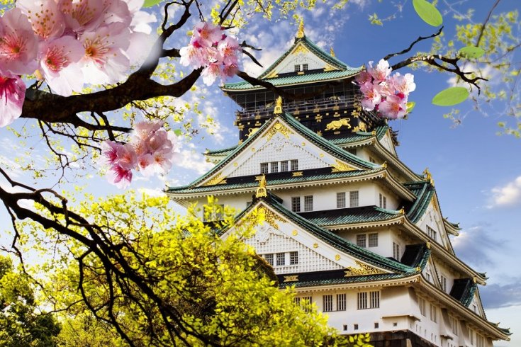 Japán pagoda, fehér falak, zöld cserép és tető, elölnézet, oldalról