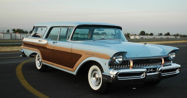 1957-1958 Mercury Colony Park Station Wagon, estate car, kombi, Mercury Woody Colony Park, világoskék, baba kék, oldalnézet, elölről