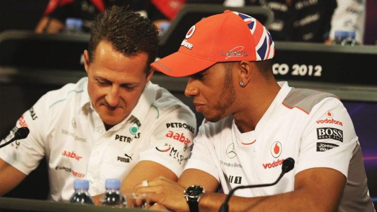 Schumacher és Hamilton sajtótájékoztatón