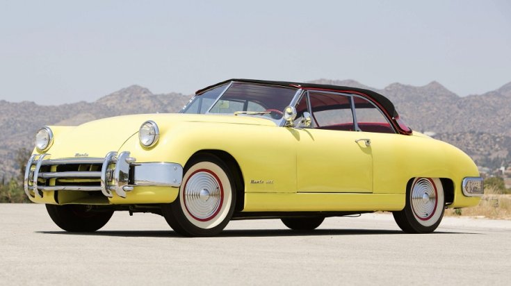 1950 Muntz Jet, sárga kabrió, elölnézet, oldalnézet, balról