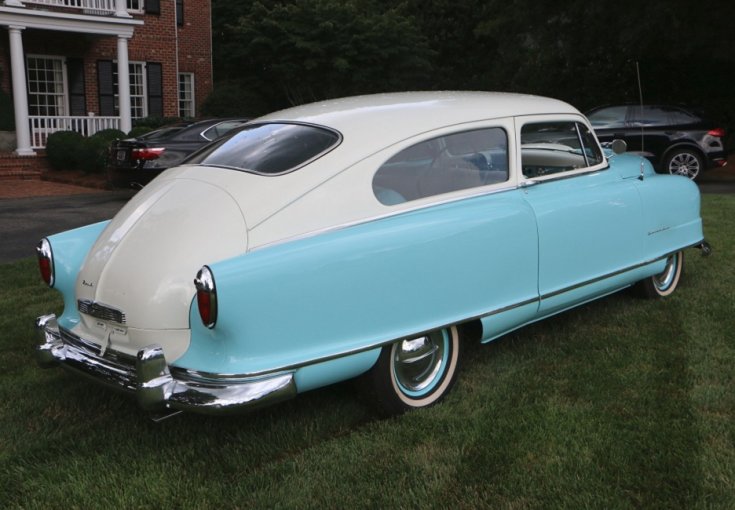 1950 1951 Nash Statesman Airflyte Super, babakék, 2 ajtós kupé, oldalnézet, hátulról, jobbról, retróvasak, alapjárat