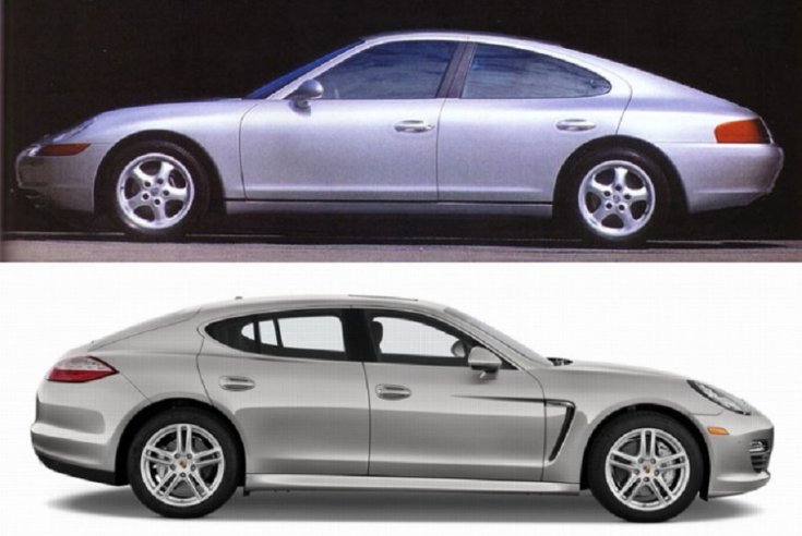 Fent a Porsche 989-es négyajtós prototípus, alul pedig leszármazottja, a Porsche Panamera
