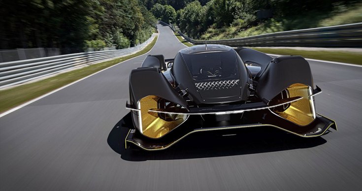 A Renault Le Mans-i hiperautója szemből egy versenypályán.