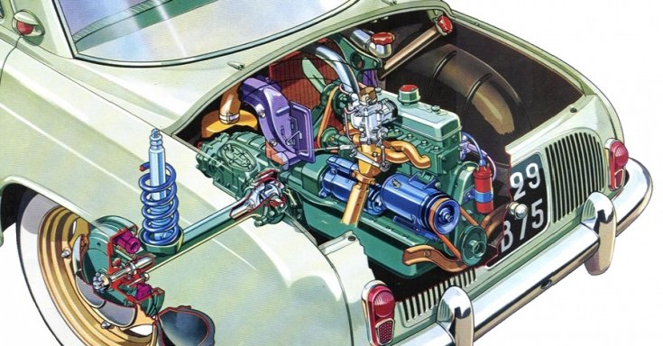 Renault Dauphine motortér, felülnézet, rajz