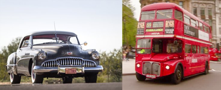 1942 Buick Roadmaster, sedanet, ezüst, elölnézet, balról, USA, és AEC Roadmaster, piros, emeletes busz, Anglia, London