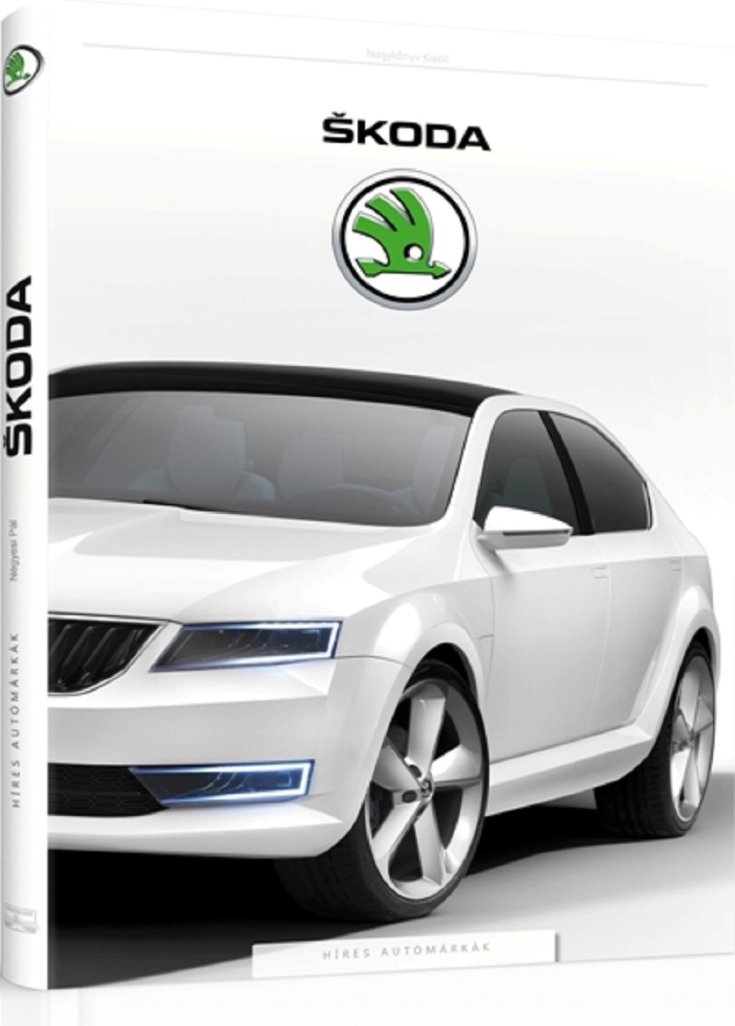 Híres autómárkák könyvsorozat, Skoda, animált könyv 3D-ben, fehér borító, elölnézet, oldalnézet, jobbról döntve