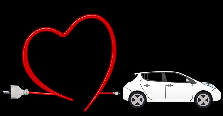 Fantázia rajz az elektromos autószeret témában, egy Nissan LEAF karikatúrájával.