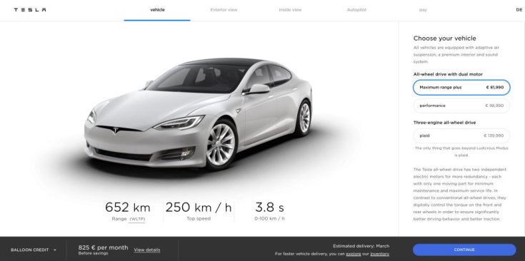 Tesla Model S a Tesla online konfigurátorában