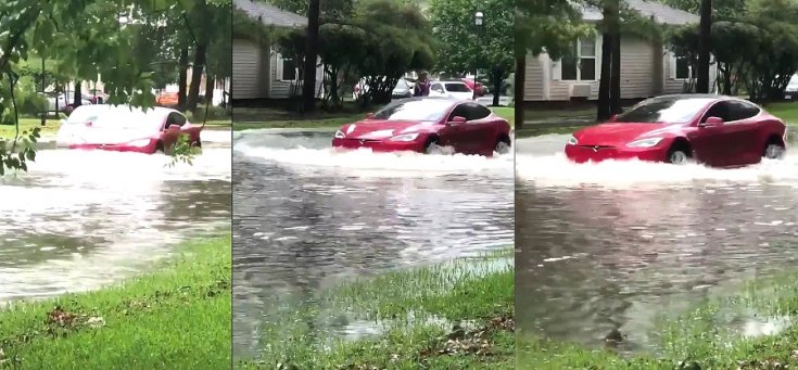 vörös színű Tesla Model S vízben