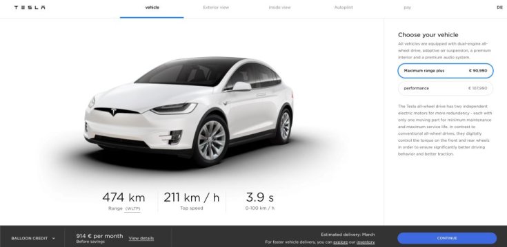 Tesla Model X a Tesla online konfigurátorában