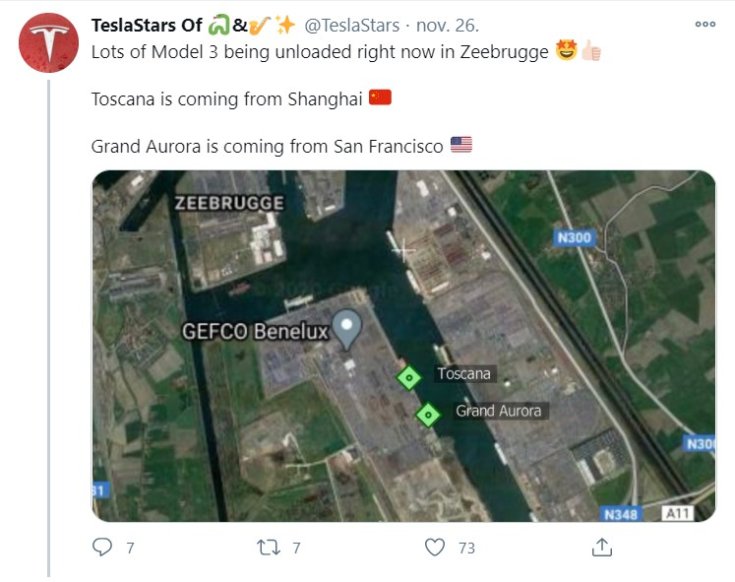 <blockquote class="twitter-tweet"><p lang="en" dir="ltr">Lots of Model 3 being unloaded right now in Zeebrugge 🤩👍🏻<br><br>Toscana is coming from Shanghai 🇨🇳<br><br>Grand Aurora is coming from San Francisco 🇺🇸 <a href="https://t.co/PAFkqk6PCf">pic.twitter.com/PAFkqk6PCf</a></p>— TeslaStars Of 🐍&🎷✨ (@TeslaStars) <a href="https://twitter.com/TeslaStars/status/1332089152796569602?ref_src=twsrc%5Etfw">November 26, 2020</a></blockquote> <script async src="https://platform.twitter.com/widgets.js" charset="utf-8"></script>