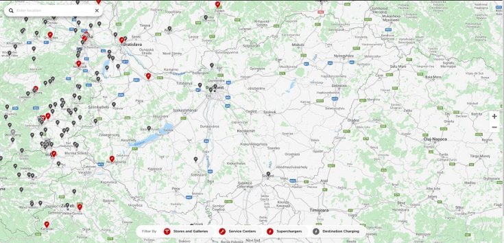 Tesla töltőhálózat és kereskedések térképen