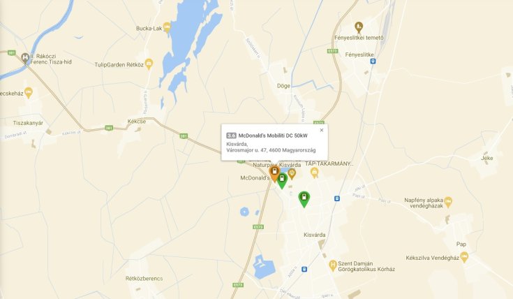 Képernyőkép a kisvárdai villanyautó-töltőpont térképen található helyszínéről