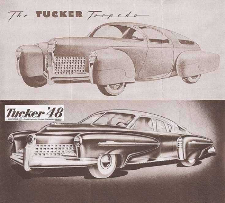 Tucker Torpedo és Tucker 48 reklámplakát az 1940-es évekből, fekete-fehér