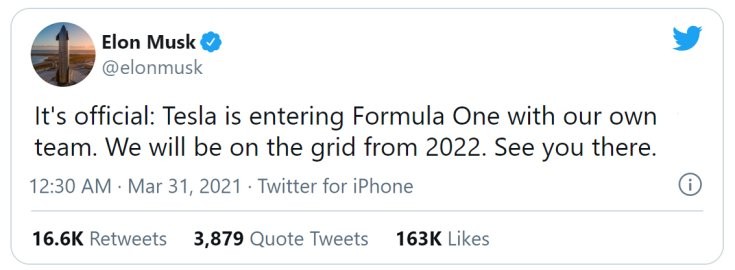 Elon Musk kamu Twitter-bejegyzése a Tesla F1-es csapatáról