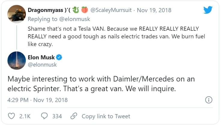 2018. novemberi Twitter-bejegyzés egy esetleges Tesla kisteherautóval kapcsolatban