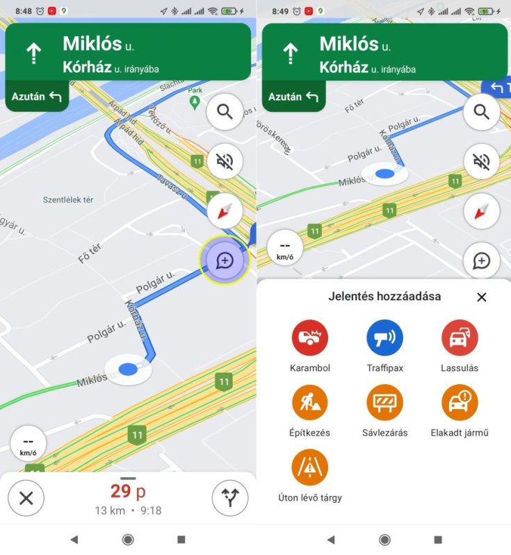 Google Maps navigáció útakadály bejelentése