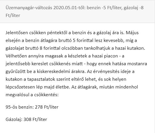 Üzemanyagár-változásról szóló bejegyzés 2020 tavaszáról