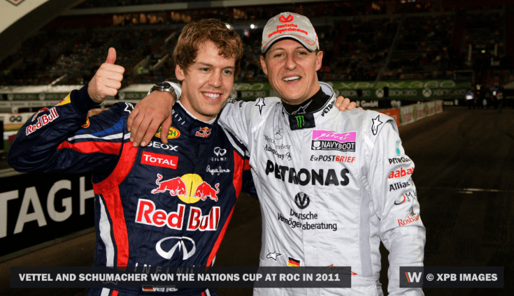 Sebastian Vettel és Michael Schumacher egy Nemzetek Kupája győzelem után